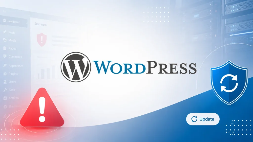 wp2shell-RCE-Vulnerability-1024×576 WordPress logo with an exclamation icon, a shield with a refresh symbol, and an Update button, suggesting the importance of updating WordPress for security.