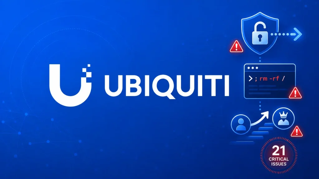 21-Critical-Ubiquiti-UniFi-Flaws-1024×576 Ubiquiti logo on a blue background with cybersecurity icons, warning symbols, a code snippet, an unlocked shield, and a 21 critical issues alert.