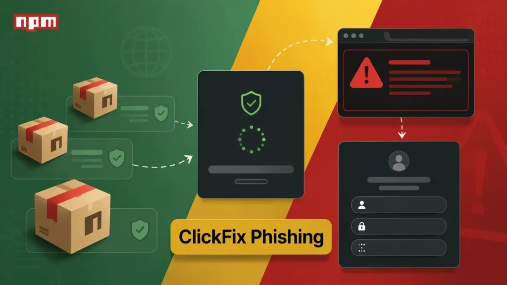 24-Malicious-npm-Packages-Abuse-Trusted-Mirrors-to-Host-ClickFix-Phishing-Pages-1024×576 Infographic showing secure and unsafe package delivery and login processes, highlighting ClickFix Phishing threats on npm with green, yellow, and red backgrounds.