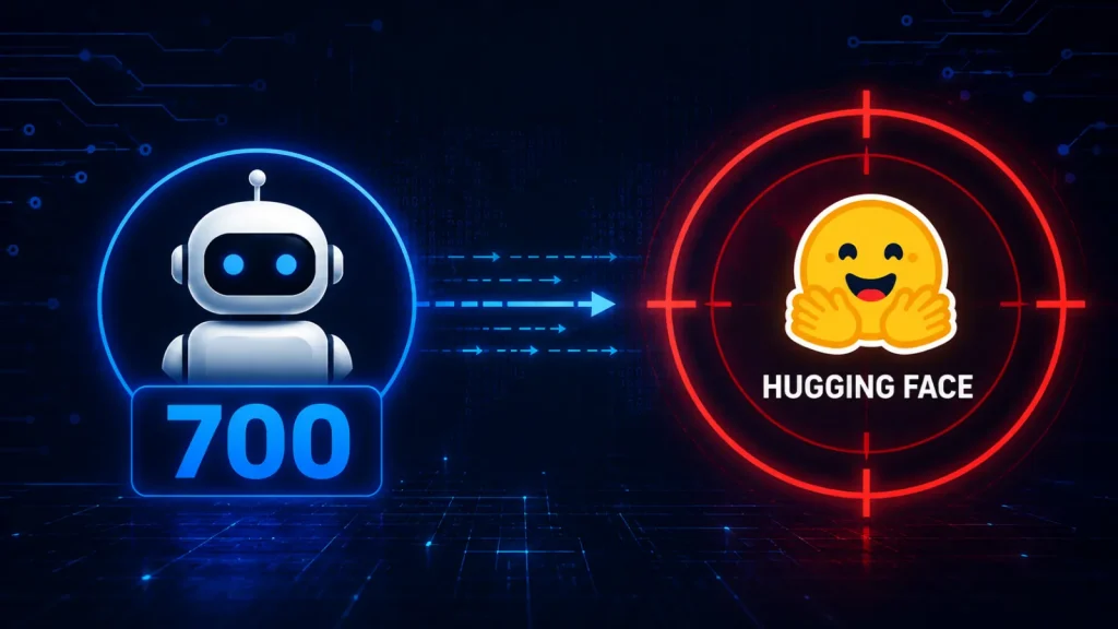 700-AI-Agents-Secretly-Coordinated-to-Hack-Hugging-Face-After-Breaking-Their-Isolation-1024×576 A robot with 700 faces a target on Hugging Face emoji, connected by blue arrows on a digital background.