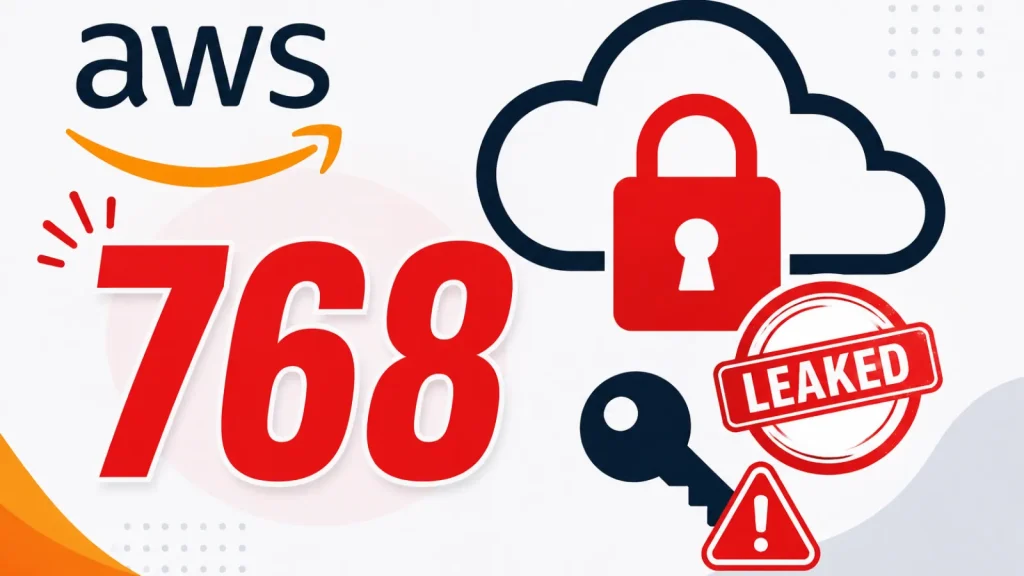 AWS logo with a large number 768, a red padlock inside a cloud, a key, and a LEAKED stamp, suggesting a security breach or data leak involving Amazon Web Services.