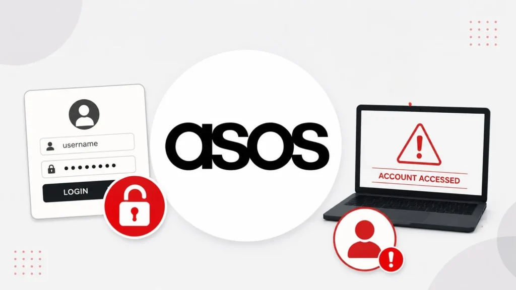 ASOS logo in center, login form on left, laptop with Account Accessed warning on right, and red security icons symbolizing account security issues.