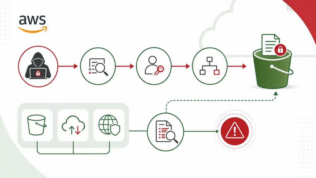 AWS-Shows-How-Hackers-Can-Turn-Stolen-Cloud-Credentials-Into-Full-Scale-Attacks-1024×576 Diagram shows a sequence of icons representing a security breach into an AWS S3 bucket, followed by detection, user access, structure, and alert, illustrating data protection and threat detection.