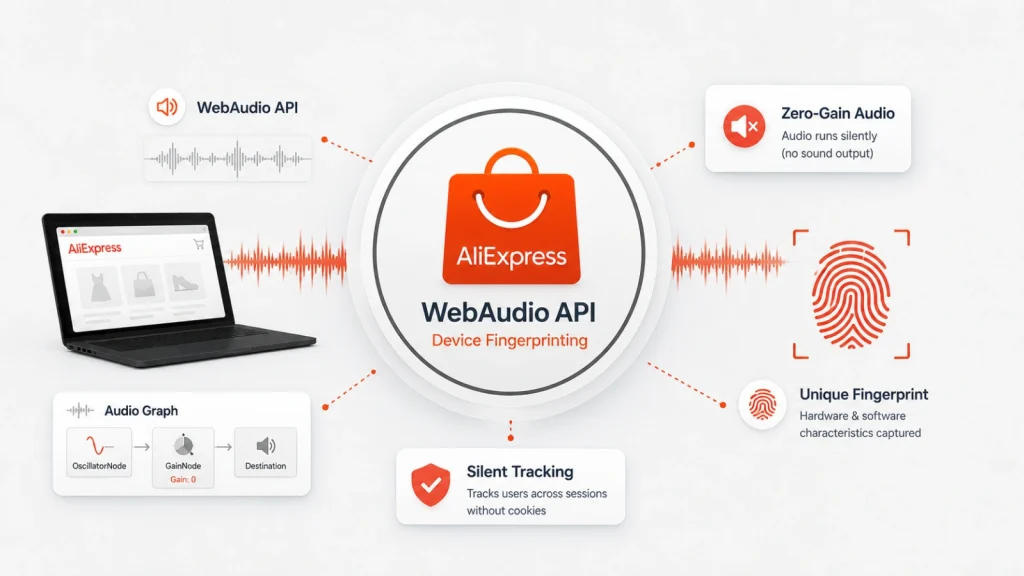 Infographic showing how AliExpress uses WebAudio API for device fingerprinting, silent tracking, and creating unique fingerprints without cookies, with visual icons for each feature.