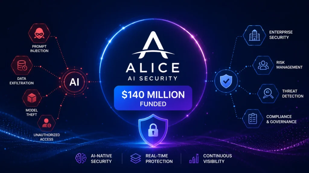 Infographic showing ALICE AI Security with $140 million funded, benefits like AI-native security, and risks (prompt injection, data exfiltration). It highlights security goals such as enterprise security, threat detection, and compliance.