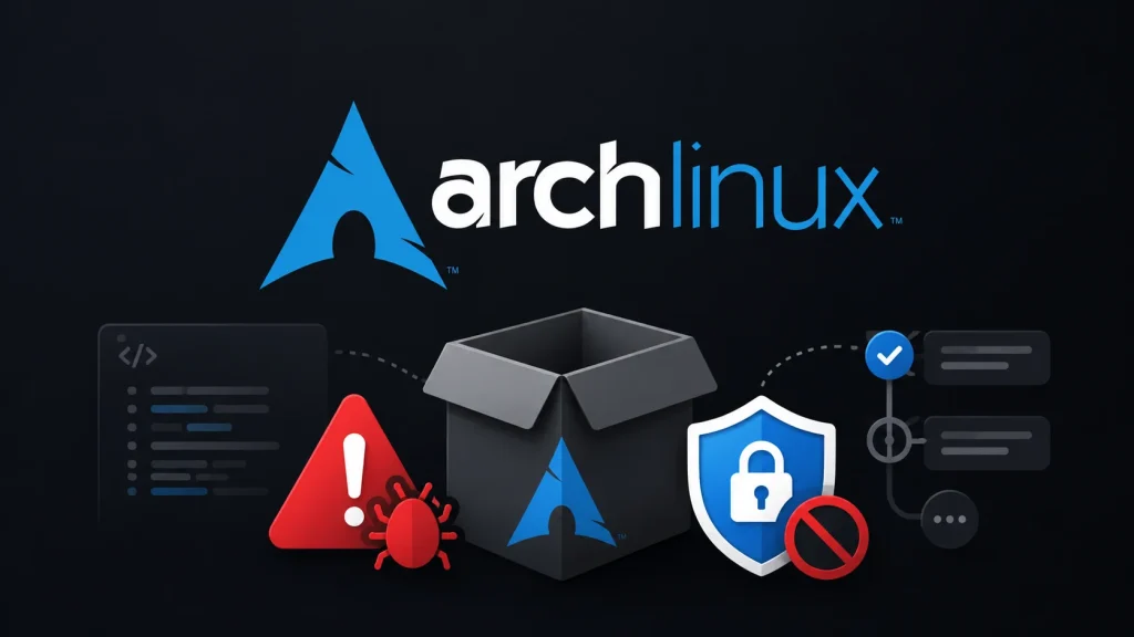 Arch-Linux-Disables-AUR-Package-1024×576 Arch Linux logo above an open box, with icons for code, a warning, a bug, security shield, and blocked symbol, representing security issues or vulnerabilities in Arch Linux.
