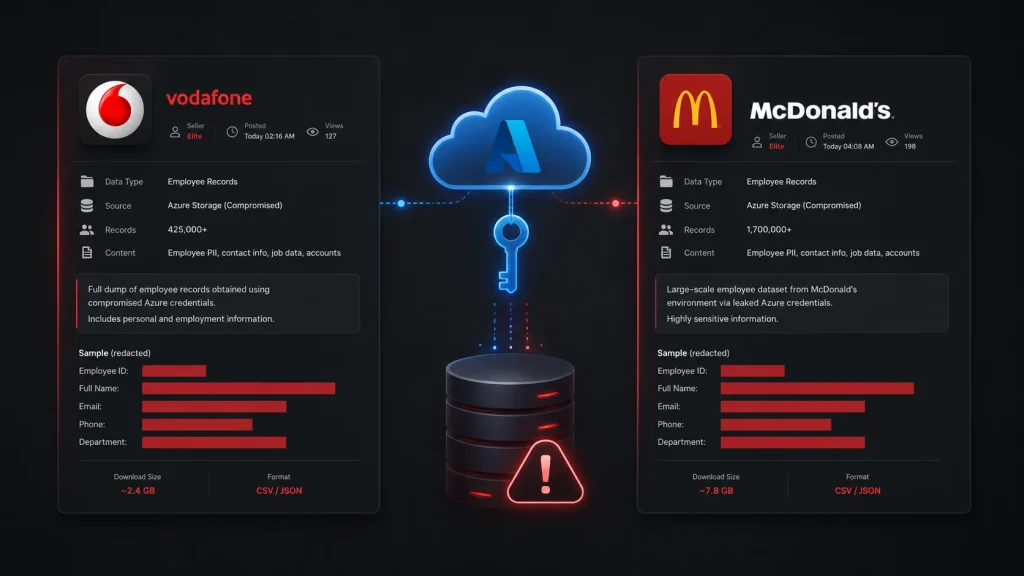 Infographic showing Vodafone and McDonalds data breaches, each listing compromised employee records, data details, and sample fields. A cloud and server with a key illustrate the breach. Data is labeled as available in CSV/JSON formats.