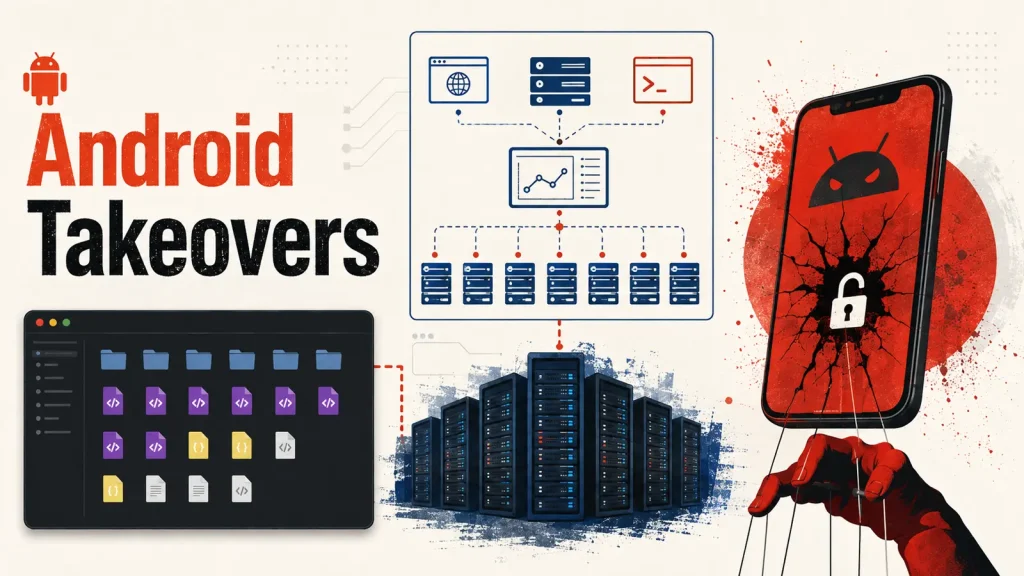 BTMob-Fraud-as-a-Service-Platform-Uses-1400-Live-Servers-to-Power-Android-Device-Takeovers-1024×576 Illustration with Android Takeovers text, a locked Android phone, file folders, servers, data flow charts, and a red hand controlling the phone, symbolizing hacking or cyberattacks on Android devices.