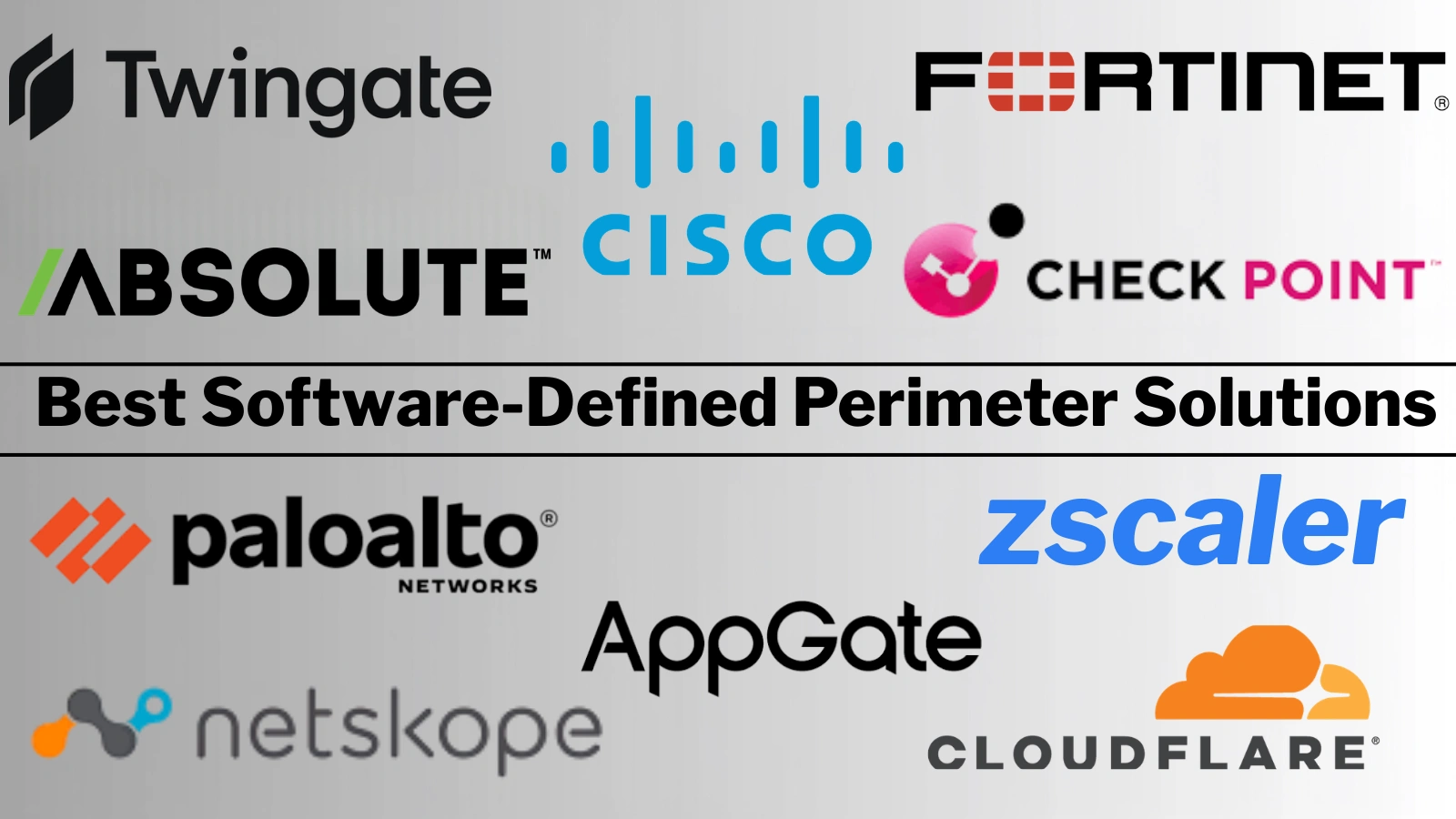 Best-Software-Defined-Perimeter-SDP-Solutions A collage of logos for Twingate, Fortinet, Absolute, Cisco, Check Point, Palo Alto Networks, Zscaler, Netskope, AppGate, and Cloudflare with the text: Best Software-Defined Perimeter Solutions.