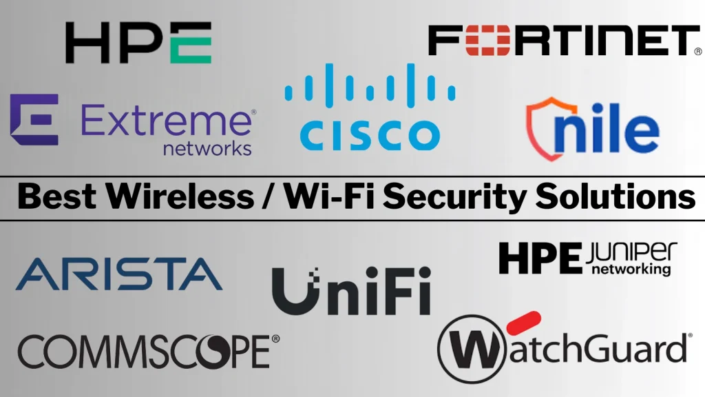 Best-Wireless-Wi-Fi-Security-Solutions–1024×576 Logos of tech companies including HPE, Fortinet, Extreme Networks, Cisco, Nile, Arista, UniFi, CommScope, WatchGuard, and Juniper, with the text Best Wireless / Wi-Fi Security Solutions..