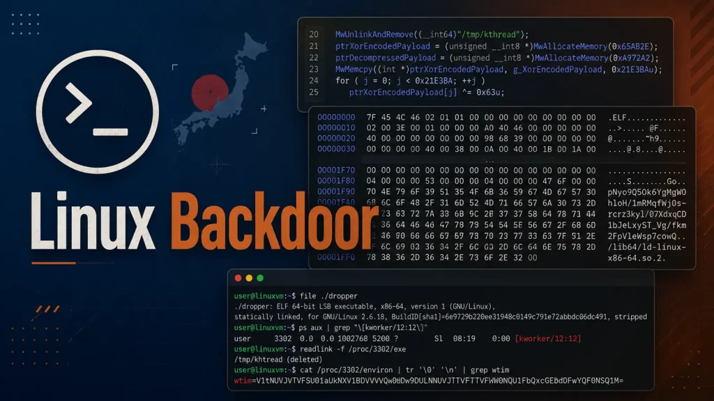 BlackTech-APT-Deploys-BlueShell-Linux-Backdoor-Against-Japanese-Organizations-1024×576 Illustration showing the words Linux Backdoor, code snippets, a terminal window, and a map background, indicating a cybersecurity or hacking theme.
