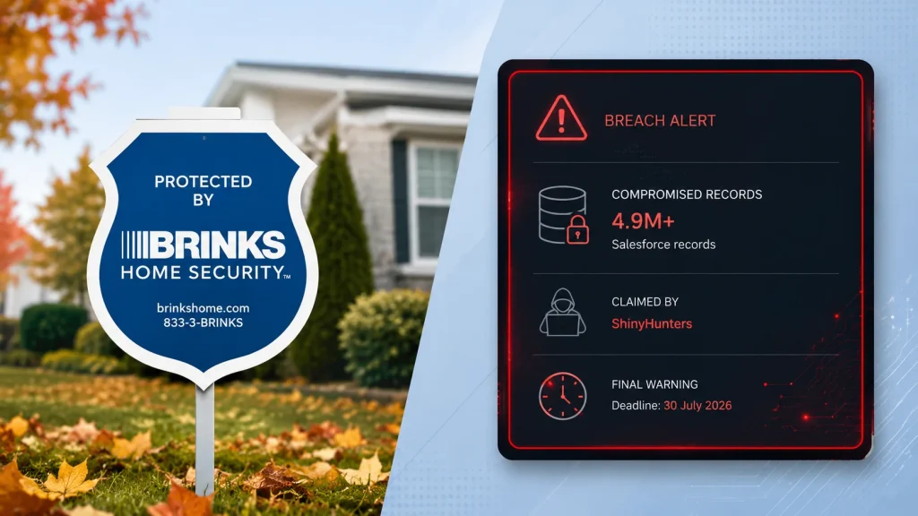Brinks-Home-Confirms-Data-Breach-1024×576 A Protected by Brinks Home Security sign in front of a house, beside a digital breach alert showing 4.9M+ Salesforce records compromised, claimed by ShinyHunters, with a warning deadline of July 30, 2026.