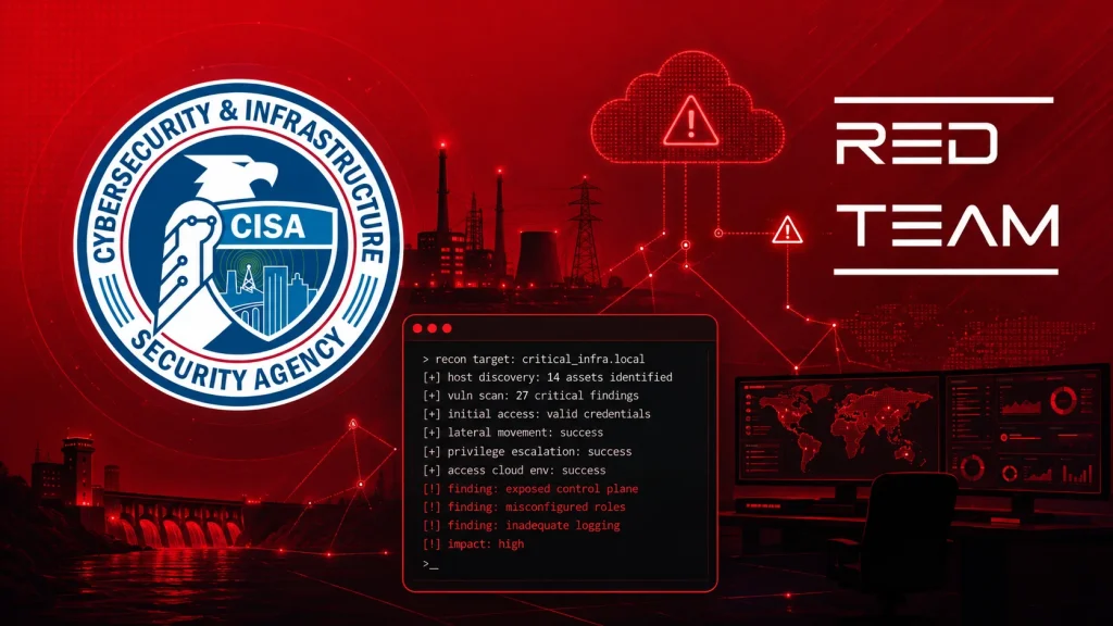 CISA logo, RED TEAM text, a warning icon, cyber network background, code screen with cybersecurity terms, and a world map with red security alerts.