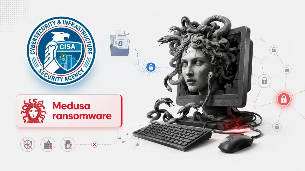 CISA-Warns-Medusa-Ransomware-Steals-Data-1024×576 A Medusa statue head emerges from a computer monitor, surrounded by snakes. Text reads Medusa ransomware beside cybersecurity symbols and the CISA logo. Icons represent networks, locks, and document security.