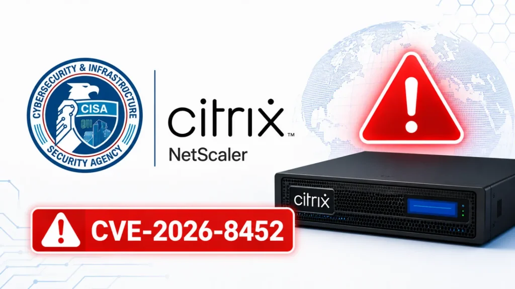 CISA logo, Citrix NetScaler server, red warning symbols, and text CVE-2026-8452, indicating a security vulnerability or alert related to Citrix NetScaler.