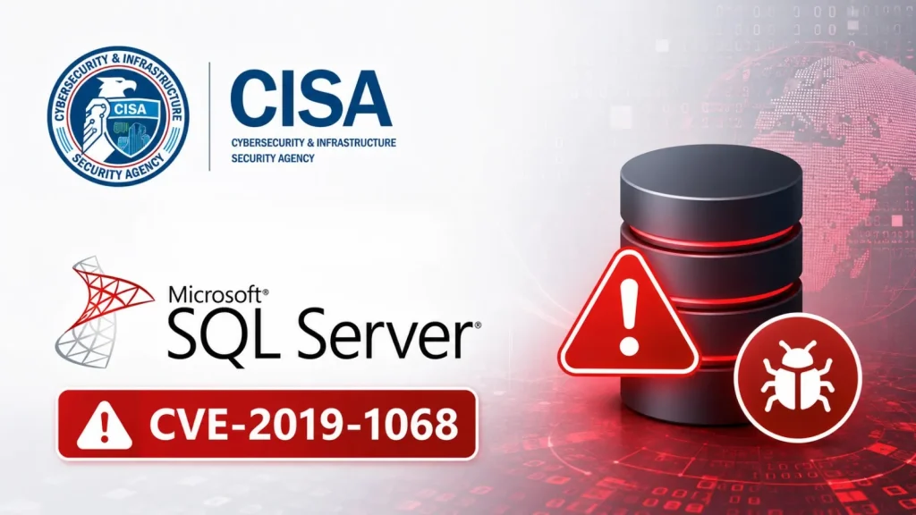 CISA and Microsoft SQL Server logos with alert symbols, a bug icon, and the text CVE-2019-1068, highlighting a critical cybersecurity vulnerability.