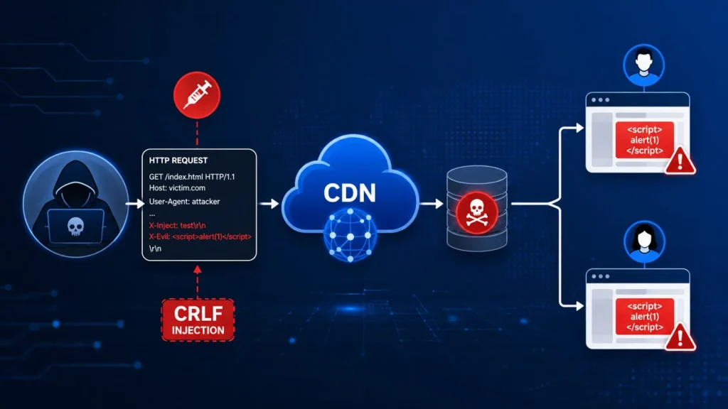 CRLF-Powered-Desync-Lets-Attackers-Poison-CDN-Cache-and-Serve-XSS-to-Live-Users-1024×576 A diagram shows a hacker using CRLF injection to exploit a CDN, resulting in script alerts appearing on users web browsers, indicating a security breach.