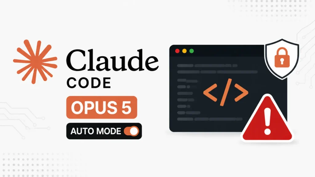 An illustration featuring the Claude Code logo, OPUS 5 and AUTO MODE text, a code editor graphic with a lock shield, and a red warning triangle with an exclamation mark.