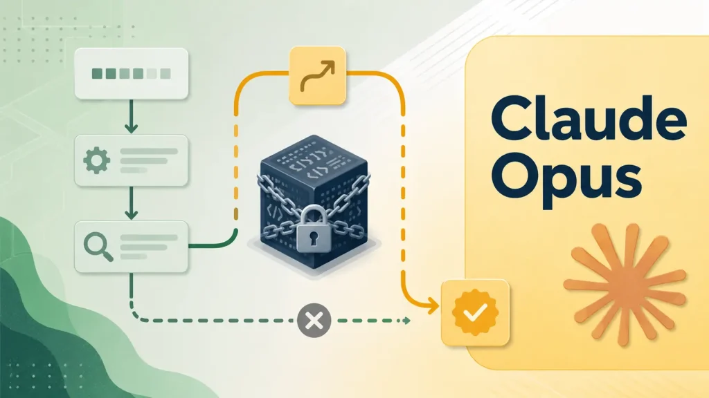 Claude-Opus-5-Routes-Around-Obfuscated-Binaries-Instead-of-Defeating-the-Protection-1024×576 A flowchart with a locked cube in the center, arrows pointing to a checkmark and a blocked path, and the text Claude Opus with an orange abstract symbol on the right.