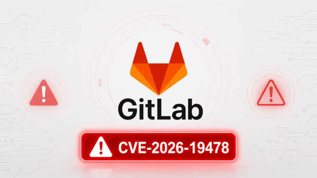 Critical-GitLab-code-injection-Vulnnerability-Actively-Exploited-in-Attacks-1024×576 The image shows the GitLab logo with warning icons and a red alert box displaying CVE-2026-19478, indicating a security vulnerability.