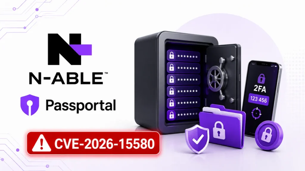 N-Able Passportal logo with a vault, smartphone displaying 2FA, and security icons. Warning: CVE-2026-15580 appears at the bottom in a red alert box.