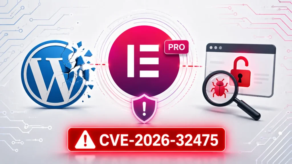 Critical-WordPress-Plugin-Vulnerability-Exposes-Sites-to-RCE-Attacks–1024×576 WordPress and Elementor Pro logos connected by a warning sign; a browser window with an open lock and bug icon; red alert bar reads CVE-2026-32475..