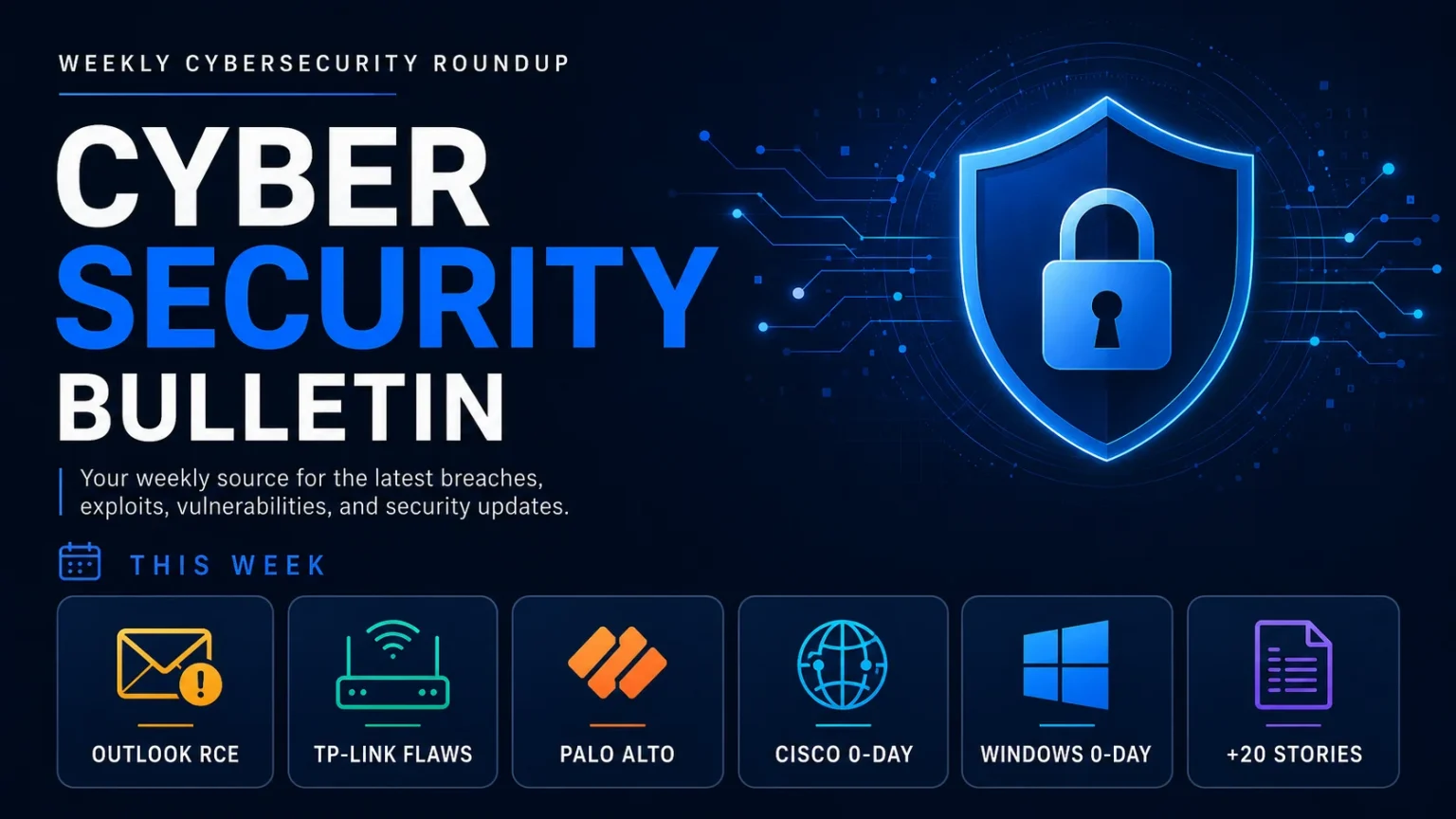 Cyber-Security-Newsletter-Bulletin-1536×864 Cybersecurity bulletin graphic with a glowing shield and lock icon, tech circuit background, and headlines about TP-Link flaws, Palo Alto, Cisco zero-day, Windows zero-day, and 20+ stories.