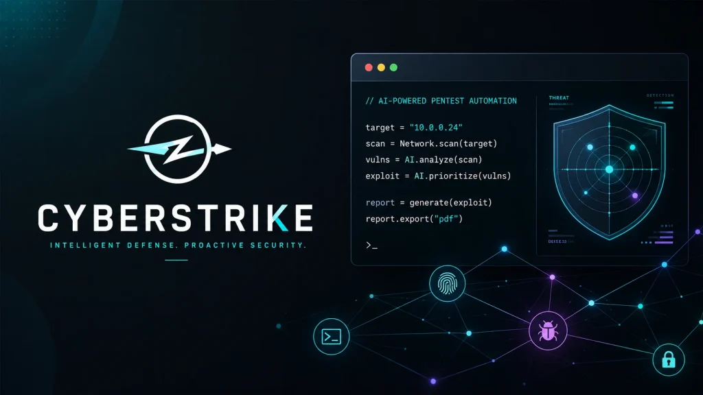 A futuristic cybersecurity interface showing the Cyberstrike logo, a shield with a circuit pattern, code for AI-powered pentest automation, and icons for cloud, bug, and security.