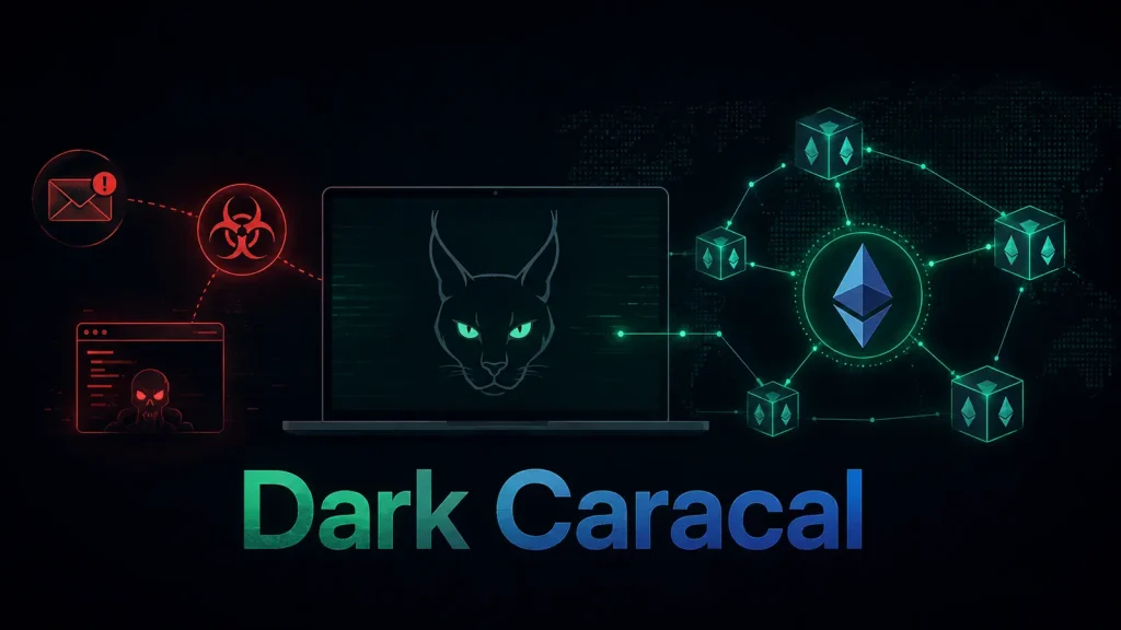 Dark-Caracal-Hackers-Use-Ethereum-Blockchain-to-Keep-New-Malware-Connected-After-C2-Disruption-1024×576 A digital illustration shows a laptop with a cat face, malware and Ethereum symbols, and the words Dark Caracal below, suggesting cyber threats and blockchain connections.