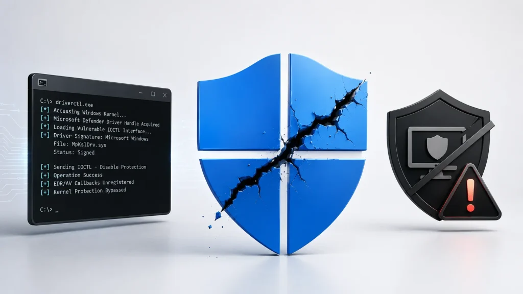 A cracked blue shield, a black error shield, and a screen with code suggest a security breach or vulnerability, likely related to Windows.