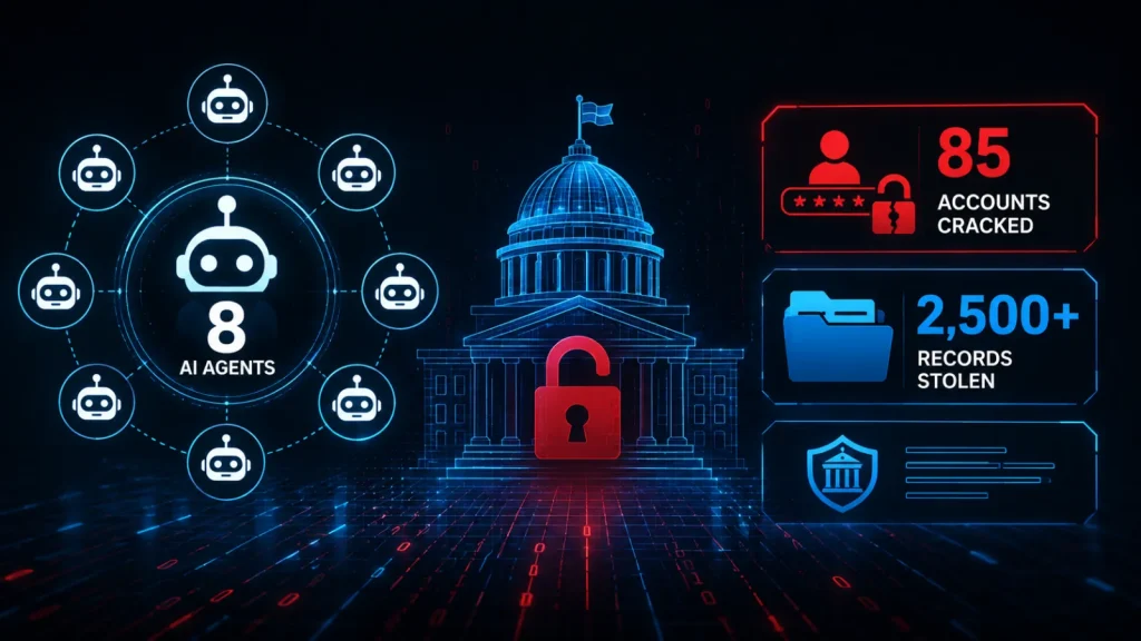 Eight-AI-Agents-Breach-Government-Systems-Crack-85-Accounts-and-Steal-2500-Records-1024×576 Infographic showing AI agents hacking a government building, with stats: 8 AI agents, 85 accounts cracked, 2,500+ records stolen, and a large red open padlock in front of the building.