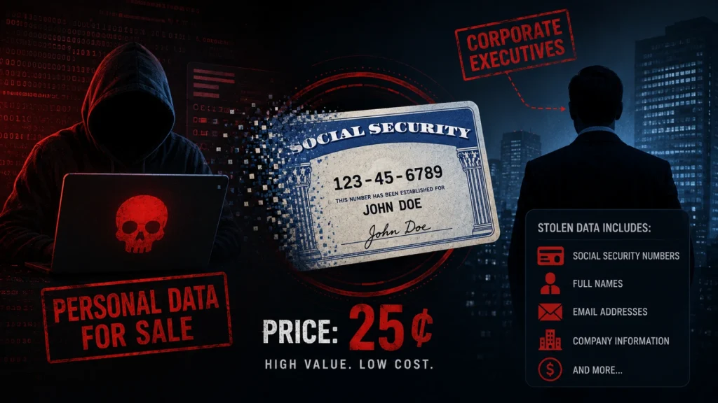 Executive-Social-Security-Numbers-1024×576 A hooded figure and a suited man stand by a Social Security card. Text warns of personal data for sale, targeting executives, listing info stolen, and advertising data for 25 cents.