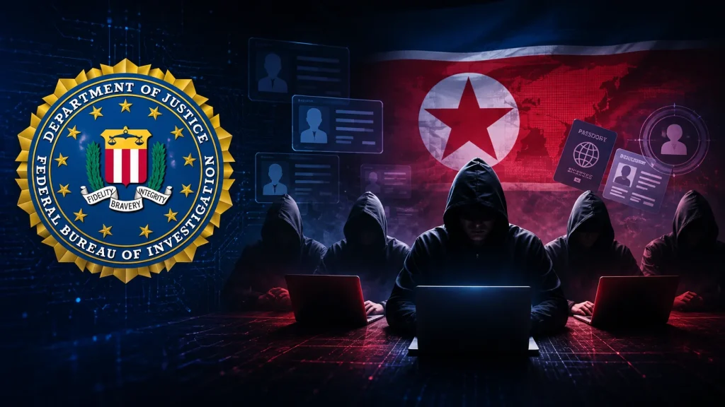 Five hooded figures use laptops in front of a North Korean flag with digital icons. The FBI seal appears on the left, suggesting a cybercrime or hacking investigation. The scene is dark and tense.