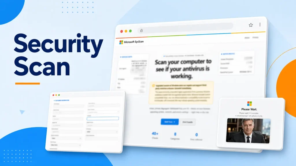Fake-Microsoft-Security-Scan-Tells-You-to-Remove-Antivirus—Then-Scammers-Ask-for-Remote-Access-1024×576 Illustration showing a Security Scan with computer screens displaying antivirus scan results, a loading message, and a blurred webpage, representing online security and protection.
