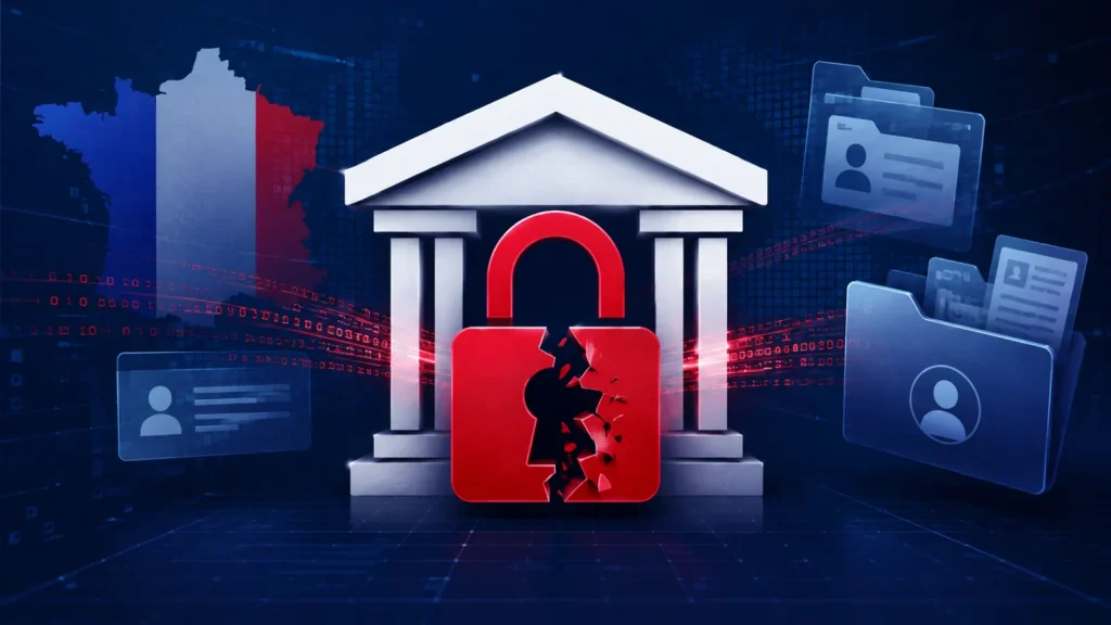 A broken red padlock in front of a government building, with digital files and the outline of France, symbolizes a data breach or cyberattack affecting French institutions.