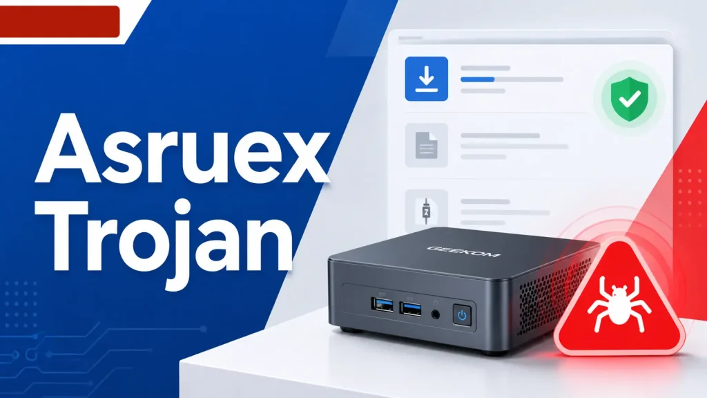 GEEKOM-Mini-PC-Realtek-LAN-Driver-Package-Found-Infected-With-Asruex-Trojan-1024×576 A mini PC labeled GEEKOM sits near a red warning sign with a bug icon. The text Asruex Trojan appears, suggesting a cybersecurity threat. Digital interface graphics are in the background.
