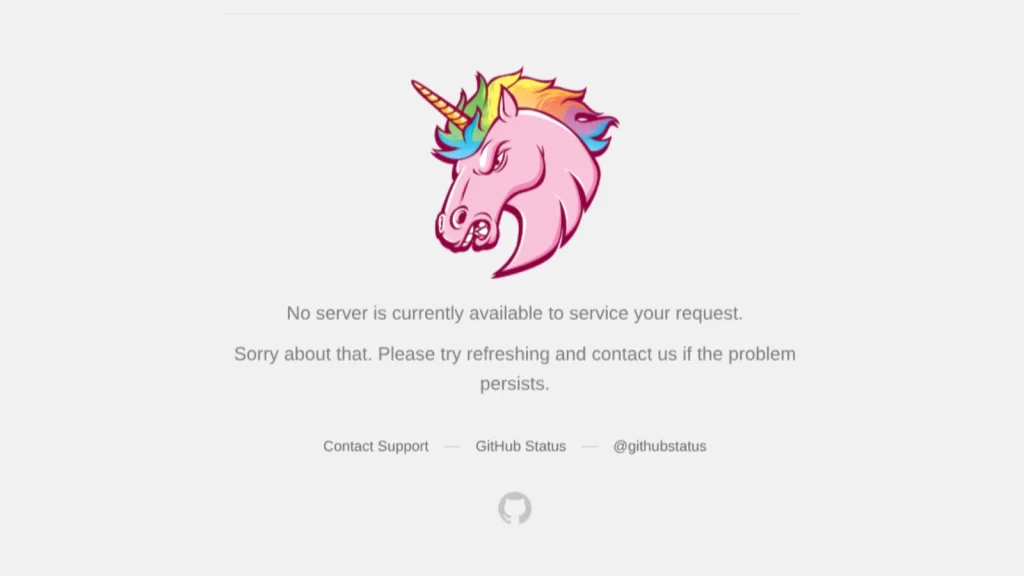 GitHub-Outage-Worldwide-1024×576 A colorful angry unicorn illustration above the message: No server is currently available to service your request. Please try refreshing and contact us if the problem persists. GitHub contact options are shown below.