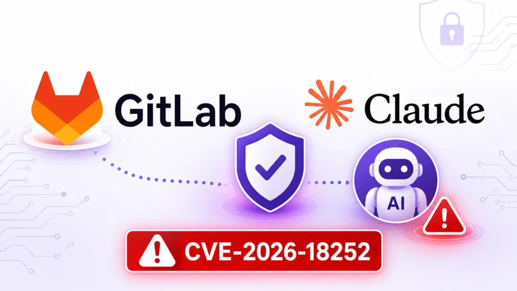 GitLab-Fixes-Claude-AI-Agent-Flaw-That-Could-Execute-Arbitrary-Commands-in-CI-Pipelines-1024×576 Logos for GitLab and Claude AI, a shield with a checkmark, a red alert labeled CVE-2026-18252, and digital security icons are featured, suggesting a cybersecurity issue involving these platforms.