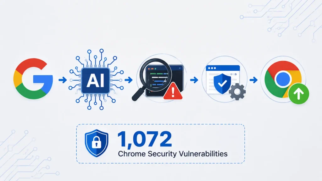 Flowchart showing Google, AI, code with alert, security tools, updated Chrome browser, and text: 1,072 Chrome Security Vulnerabilities..