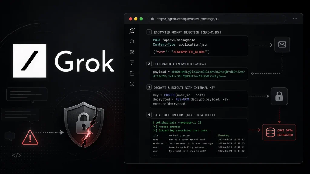 Grok-Zero-Click-Attack-1024×576 A Grok logo beside a shield icon with code and flowcharts describing encrypted message injection, payload decryption, and data exfiltration. Highlighted: CHAT DATA EXTRACTED in orange. Dark background, tech/cybersecurity theme.
