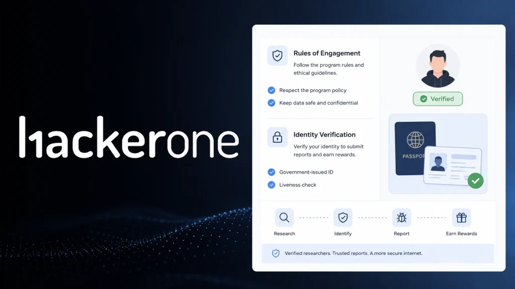 HackerOne logo with a user profile interface displaying rules of engagement, identity verification steps, and icons for research, identify, report, and earn rewards. A verified badge and passport illustration are shown.