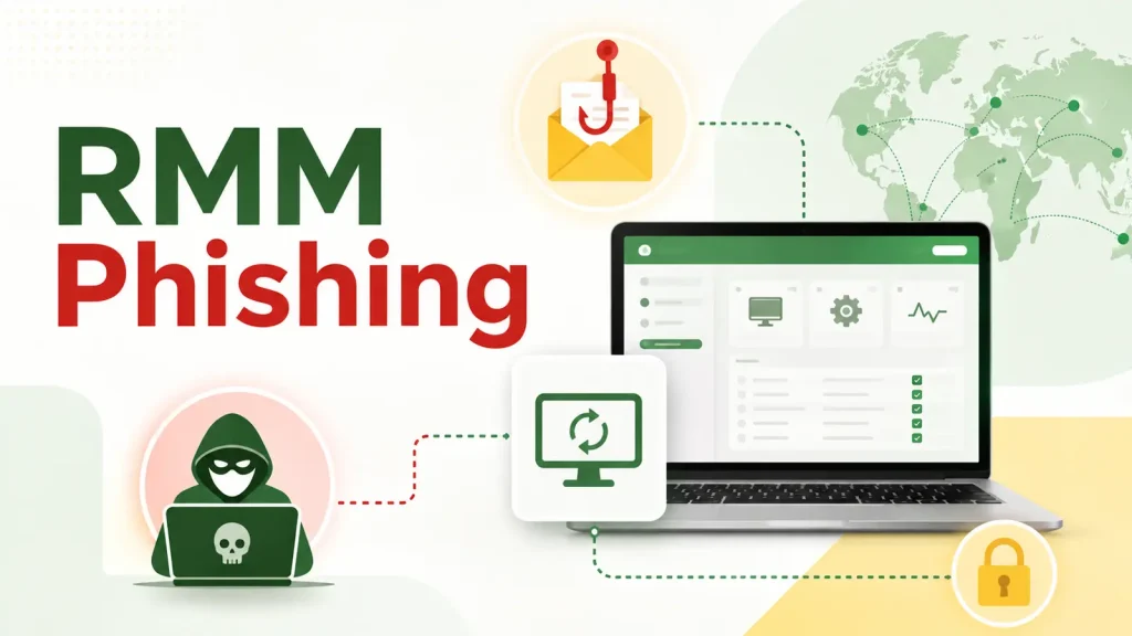 A graphic with RMM Phishing text, showing a laptop, an envelope with a hook, a hooded hacker icon, a globe, and a lock, representing cybersecurity threats and remote monitoring risks.