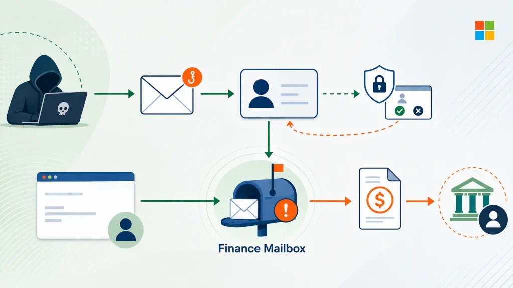 Diagram showing a hacker sending a phishing email, stealing user info, bypassing security, and redirecting financial details to a fake mailbox before sending them to a bank.