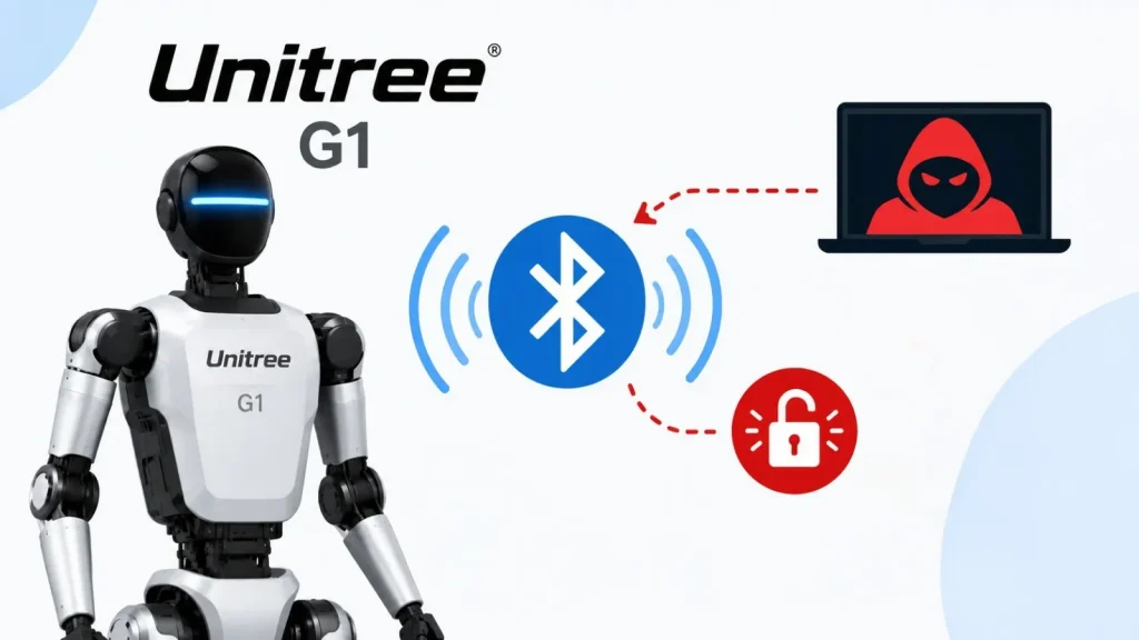 Hackers-Can-Take-Full-Control-of-Unitree-G1-Humanoid-Robots-Over-Bluetooth–1024×576 A Unitree G1 robot stands next to Bluetooth, hacker, and unlocked padlock icons, suggesting a security vulnerability. The text reads Unitree G1..