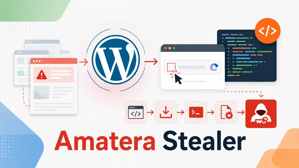 Diagram showing the WordPress logo with arrows leading to code, warning screens, and icons representing downloading, coding, and a masked figure, illustrating the Amatera Stealer malware threat.