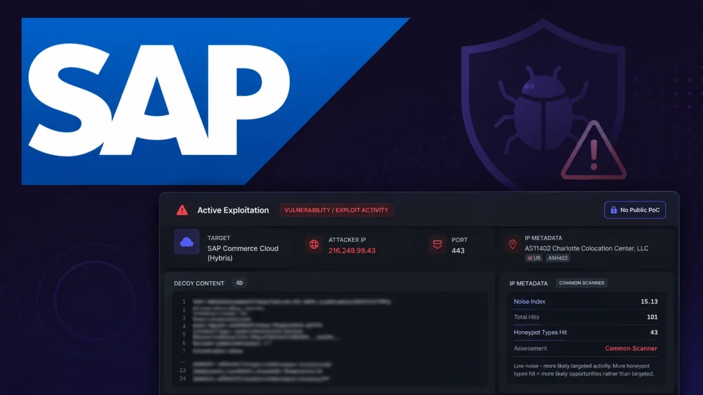 Hackers-Exploit-SAP-Commerce-Cloud-1024×576 A digital dashboard shows an SAP Commerce Cloud exploit alert with warning icons, network details, and a large SAP logo above the dashboard.