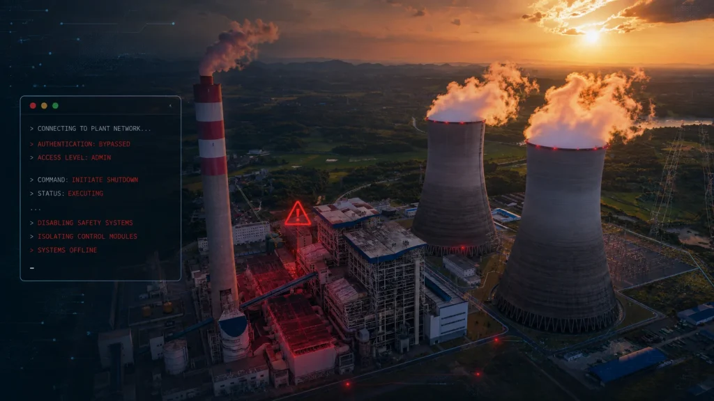 Hackers-Force-UK-Power-Plant-Offline-1024×576 A power plant with cooling towers emits steam at sunset; a digital interface overlay displays warning messages about isolating safety systems and access level issues.