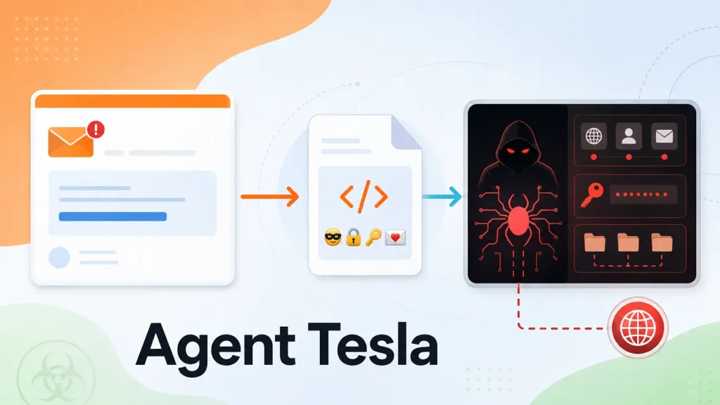 Hackers-Hide-Agent-Tesla-JScript-Behind-Unicode-Emojis-to-Evade-Detection-1024×576 Diagram showing an email with a warning, code with suspicious emojis, and a hooded figure with a spider and network icons. Text reads Agent Tesla, indicating a cyber threat.