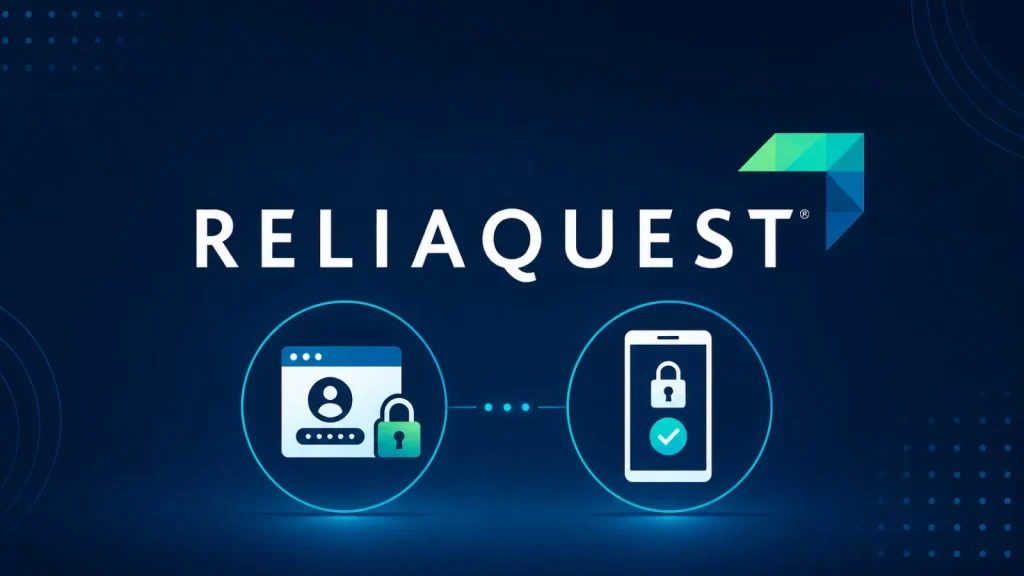 ReliaQuest logo above icons of a browser window with a user symbol and padlock, and a smartphone with a padlock, representing cybersecurity.