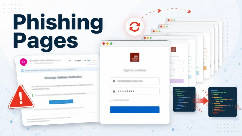 Illustration showing Phishing Pages text, a fake email and login forms, warning icon, and code snippets, representing how phishing attacks mimic real websites to steal login information.